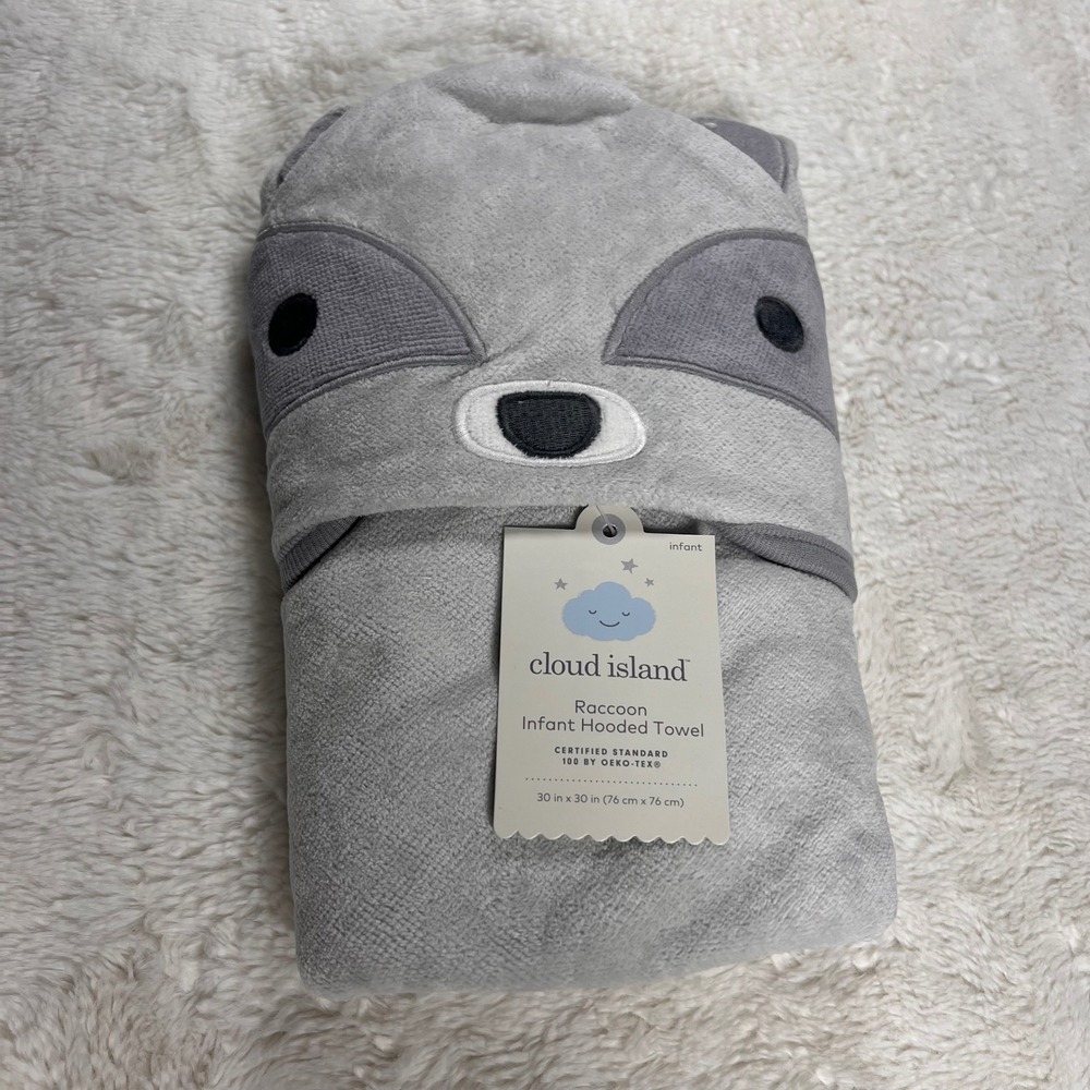 Cloud Island Raccoon Infant Hooded Towel Gray Soft Plush Baby Bath Time NWT - Picture 2 of 7